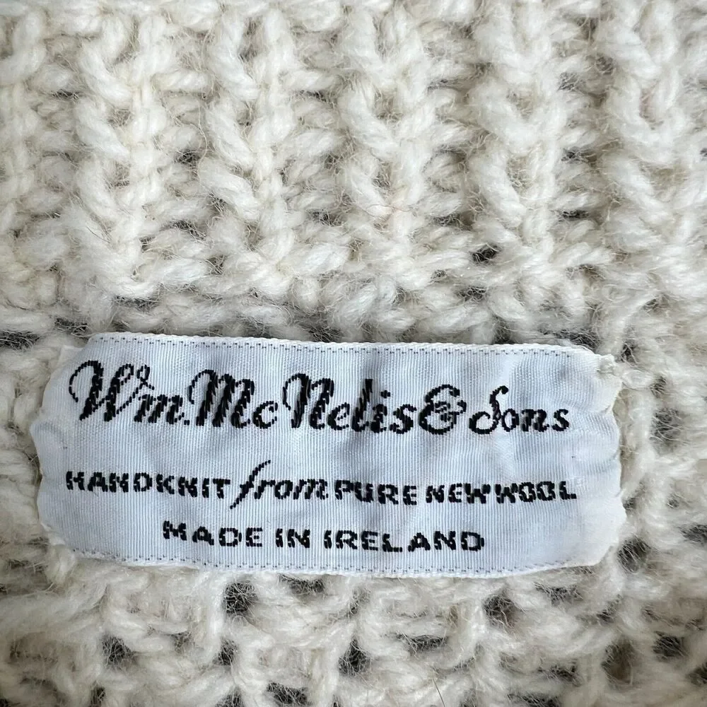 Vintage Wm McNelis & Sons Wool Fisherman Sweater Cardigan Womens M Cream Chunky